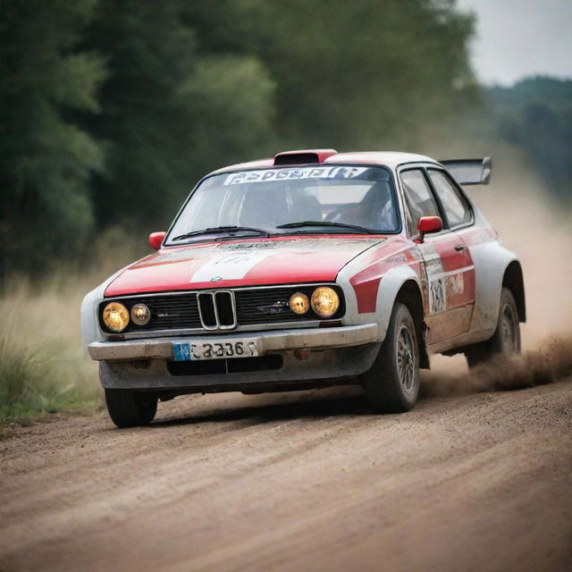 A powerful image of a German rally car, known for their engineering excellence, racing down a track with precision and speed.