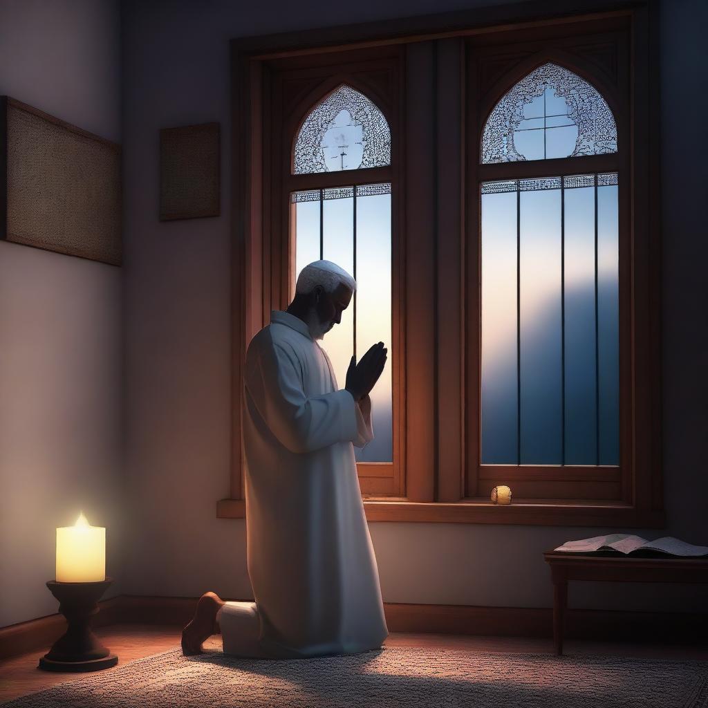 A serene digital art piece representing Prophet Hud in prayer during the night within his home