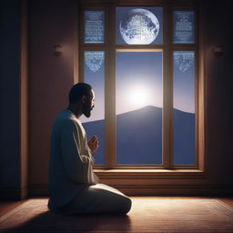 A serene digital art piece representing Prophet Hud in prayer during the night within his home