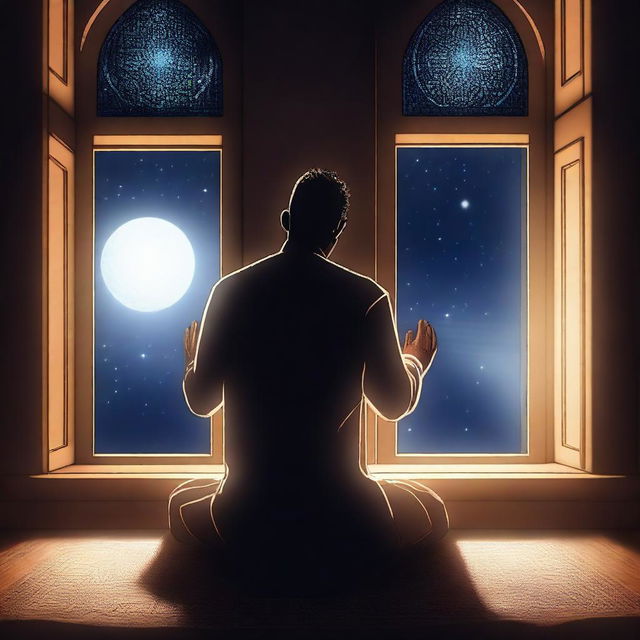 A serene digital art piece representing Prophet Hud in prayer during the night within his home