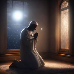 A serene digital art piece representing Prophet Hud in prayer during the night within his home