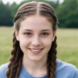 A detailed portrait of a pale-skinned teenager with brown eyes, her long brown hair styled in braids, accentuated by charming dimples.