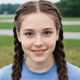 A detailed portrait of a pale-skinned teenager with brown eyes, her long brown hair styled in braids, accentuated by charming dimples.