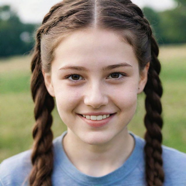 A detailed portrait of a pale-skinned teenager with brown eyes, her long brown hair styled in braids, accentuated by charming dimples.