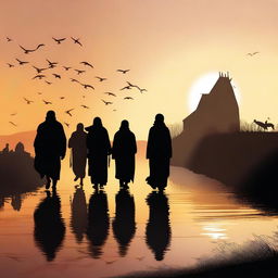 A moving digital art piece depicting Prophet Hud and his followers leaving the village at dawn