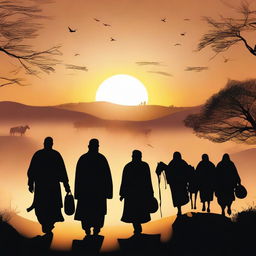 A moving digital art piece depicting Prophet Hud and his followers leaving the village at dawn