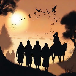 A moving digital art piece depicting Prophet Hud and his followers leaving the village at dawn