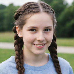 A detailed portrait of a pale-skinned teenager with brown eyes, her long brown hair styled in braids, accentuated by charming dimples.