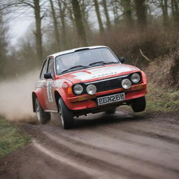 An action-packed image of a UK rally car, exemplifying British motorsport heritage, speeding through a challenging rally course.