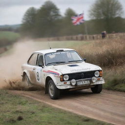 An action-packed image of a UK rally car, exemplifying British motorsport heritage, speeding through a challenging rally course.