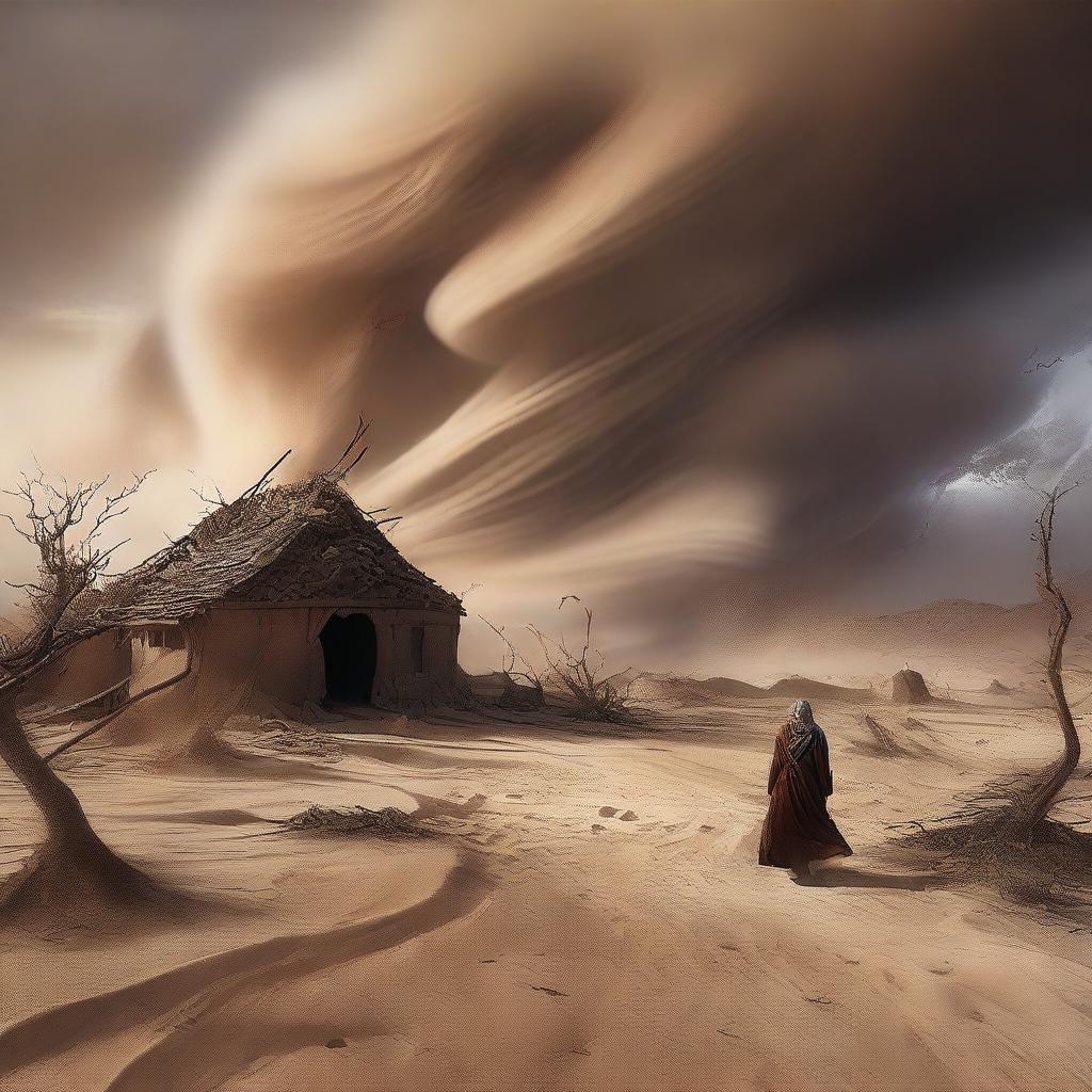 A powerful digital art piece showcasing the moment a desert village is hit by a catastrophic windstorm after Prophet Hud and his followers leave