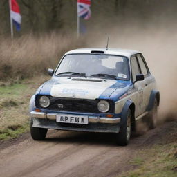 An action-packed image of a UK rally car, exemplifying British motorsport heritage, speeding through a challenging rally course.