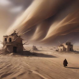 A powerful digital art piece showcasing the moment a desert village is hit by a catastrophic windstorm after Prophet Hud and his followers leave