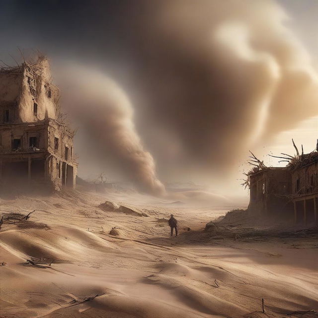 A powerful digital art piece showcasing the moment a desert village is hit by a catastrophic windstorm after Prophet Hud and his followers leave