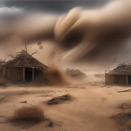 A powerful digital art piece showcasing the moment a desert village is hit by a catastrophic windstorm after Prophet Hud and his followers leave