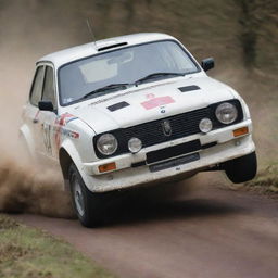 An action-packed image of a UK rally car, exemplifying British motorsport heritage, speeding through a challenging rally course.