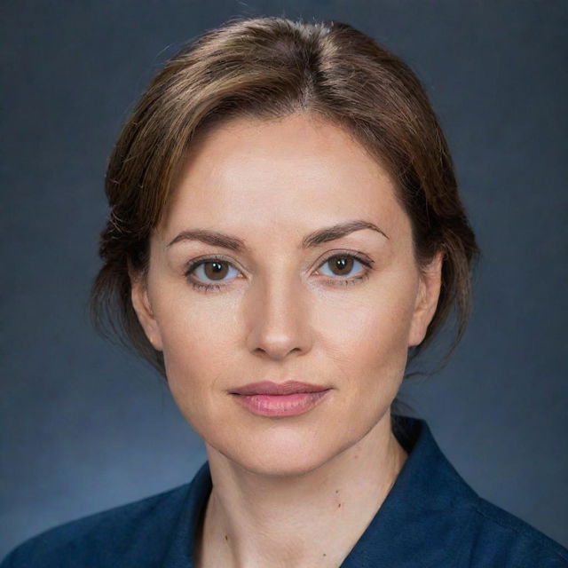 An attractive plastic surgeon with hazel eyes, a small nose, medium lips and brown hair, clothed in a navi blue uniform.