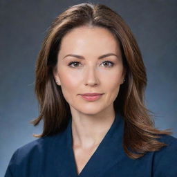 An attractive plastic surgeon with hazel eyes, a small nose, medium lips and brown hair, clothed in a navi blue uniform.