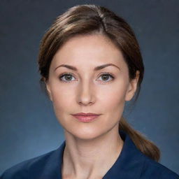 An attractive plastic surgeon with hazel eyes, a small nose, medium lips and brown hair, clothed in a navi blue uniform.