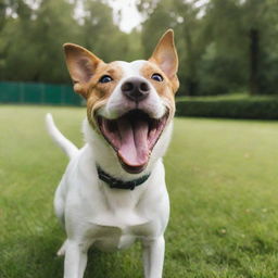 A vibrant, energetic dog with its tongue lolling out, eyes sparkling with playfulness against a backdrop of a lush green park.