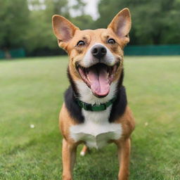 A vibrant, energetic dog with its tongue lolling out, eyes sparkling with playfulness against a backdrop of a lush green park.