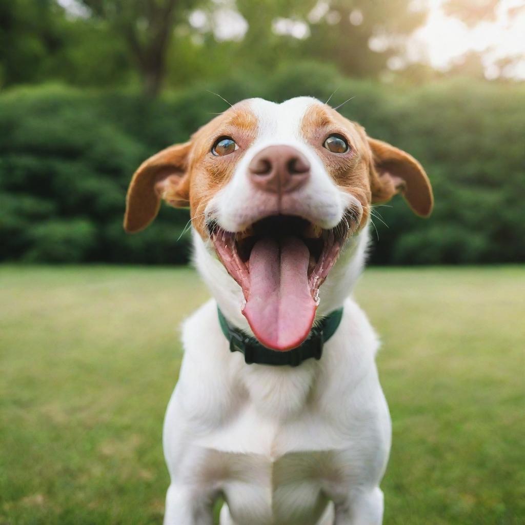 A vibrant, energetic dog with its tongue lolling out, eyes sparkling with playfulness against a backdrop of a lush green park.