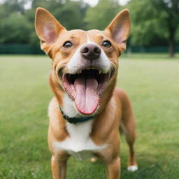 A vibrant, energetic dog with its tongue lolling out, eyes sparkling with playfulness against a backdrop of a lush green park.