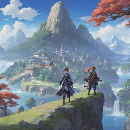 A detailed artwork for Genshin Impact featuring its enchanting characters and stunning landscapes