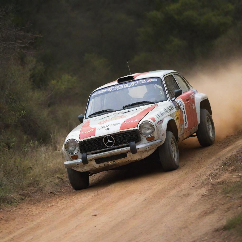 A dynamic image of a Portuguese rally car, navigating through a rugged track, reflecting the vibrant motorsport culture in Portugal.