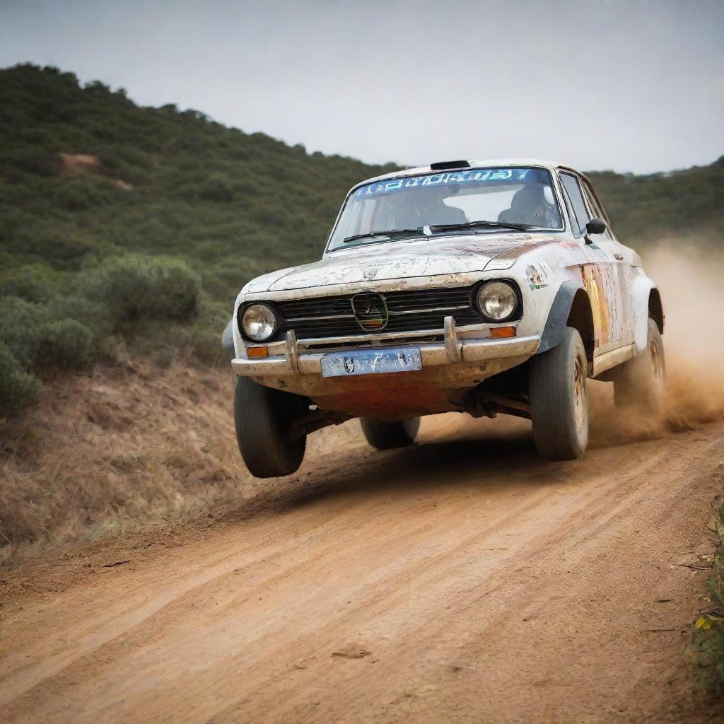 A dynamic image of a Portuguese rally car, navigating through a rugged track, reflecting the vibrant motorsport culture in Portugal.