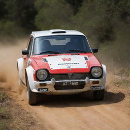 A dynamic image of a Portuguese rally car, navigating through a rugged track, reflecting the vibrant motorsport culture in Portugal.