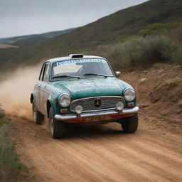 A dynamic image of a Portuguese rally car, navigating through a rugged track, reflecting the vibrant motorsport culture in Portugal.