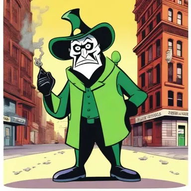 The villain in the cartoon show is depicted as a cunning character who releases toxic creosote gas to terrorize the city.