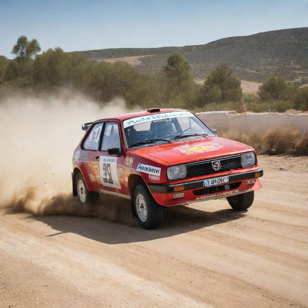 A lively image of a Spanish rally car, perfectly capturing its speed and agility as it tackles a demanding racetrack, under the sunny skies of Spain.