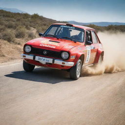 A lively image of a Spanish rally car, perfectly capturing its speed and agility as it tackles a demanding racetrack, under the sunny skies of Spain.