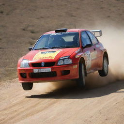 A lively image of a Spanish rally car, perfectly capturing its speed and agility as it tackles a demanding racetrack, under the sunny skies of Spain.