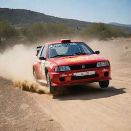 A lively image of a Spanish rally car, perfectly capturing its speed and agility as it tackles a demanding racetrack, under the sunny skies of Spain.