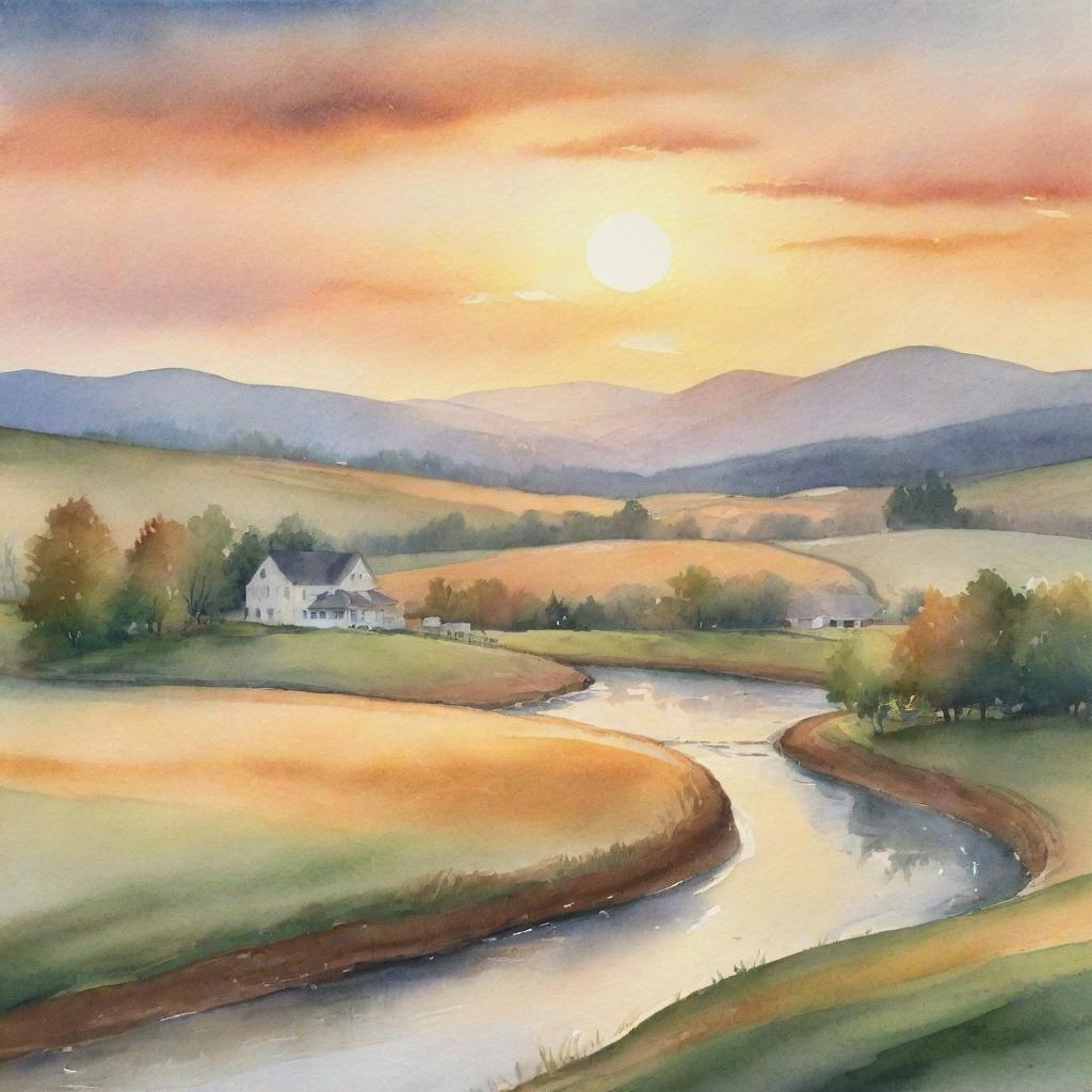 A serene watercolor painting of a countryside scene at sunset with golden hues, rolling hills, a winding river, and a quaint farmhouse in the distance