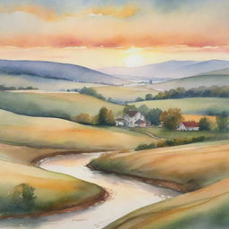 A serene watercolor painting of a countryside scene at sunset with golden hues, rolling hills, a winding river, and a quaint farmhouse in the distance