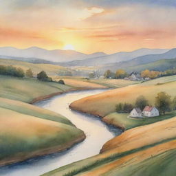 A serene watercolor painting of a countryside scene at sunset with golden hues, rolling hills, a winding river, and a quaint farmhouse in the distance