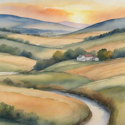 A serene watercolor painting of a countryside scene at sunset with golden hues, rolling hills, a winding river, and a quaint farmhouse in the distance