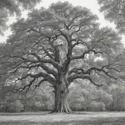 An intricate black and white sketch of a majestic, mature oak tree in a summer forest