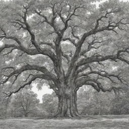 An intricate black and white sketch of a majestic, mature oak tree in a summer forest