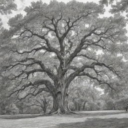 An intricate black and white sketch of a majestic, mature oak tree in a summer forest