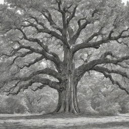 An intricate black and white sketch of a majestic, mature oak tree in a summer forest