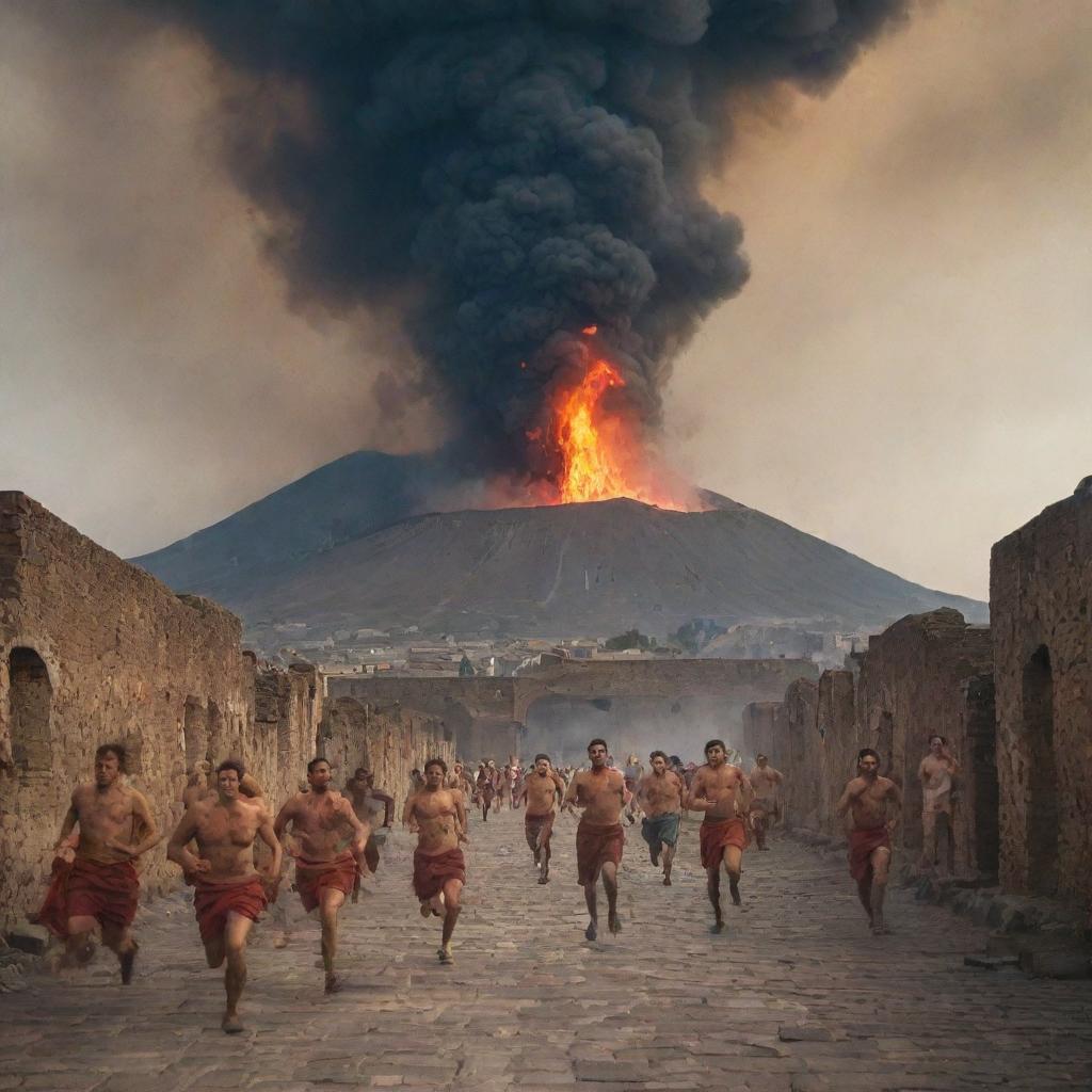 Eruption of Mount Vesuvius in Pompeii with terrified people running and tripping amidst the chaos