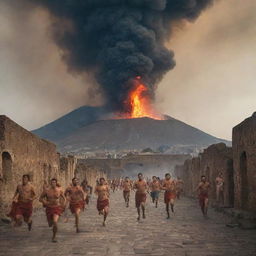 Eruption of Mount Vesuvius in Pompeii with terrified people running and tripping amidst the chaos