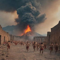 Eruption of Mount Vesuvius in Pompeii with terrified people running and tripping amidst the chaos