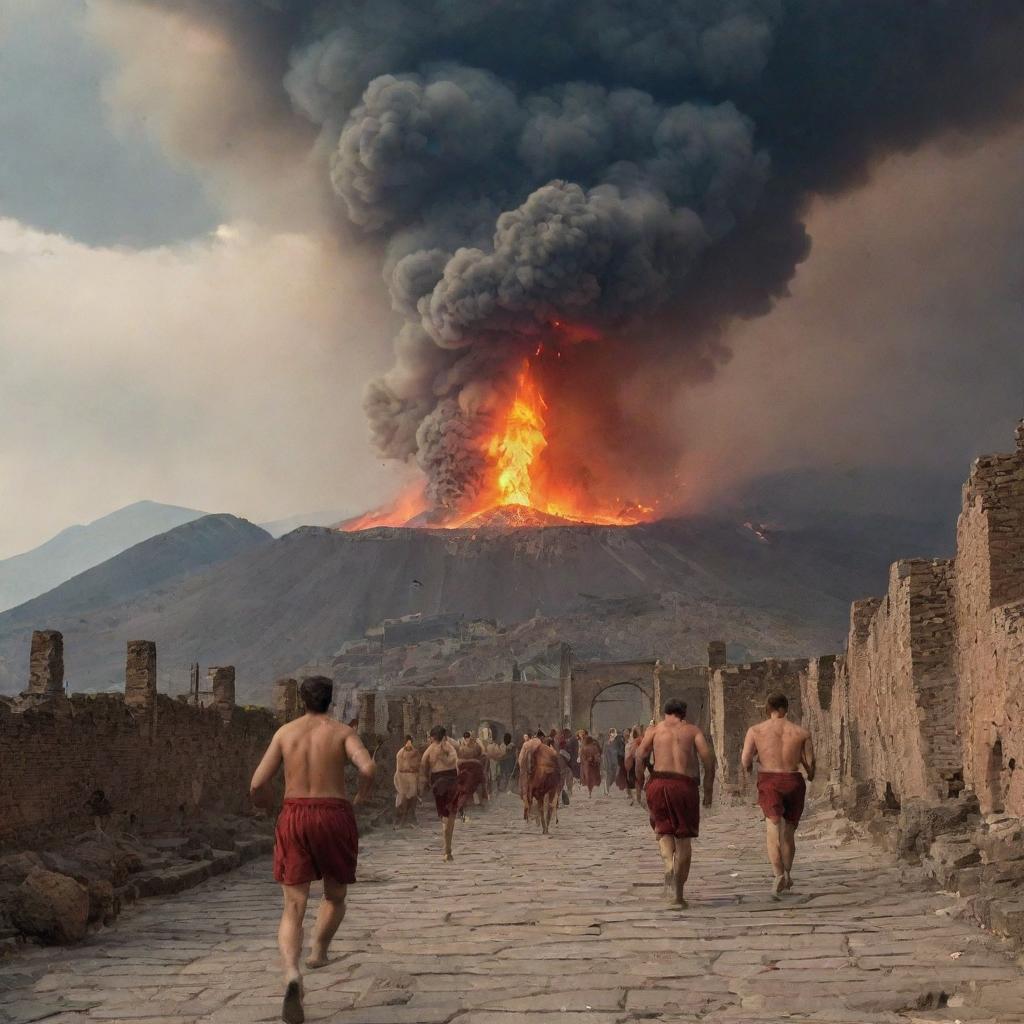 Eruption of Mount Vesuvius in Pompeii with terrified people running and tripping amidst the chaos