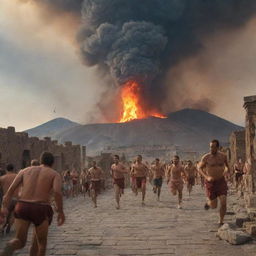 Eruption of Mount Vesuvius in Pompeii with terrified people running and tripping amidst the chaos